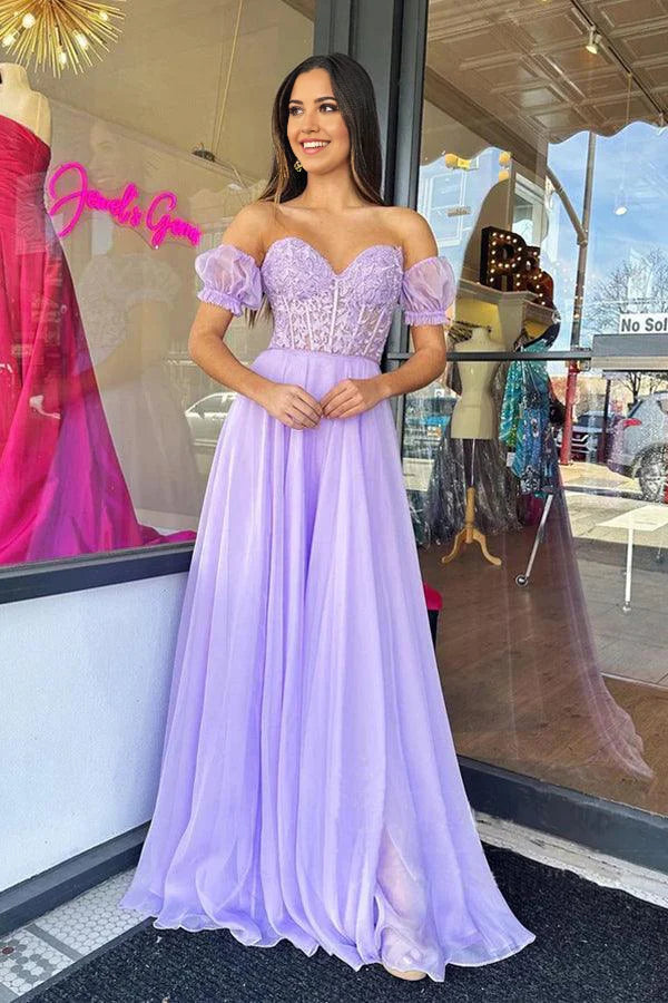 Vestido de noche largo de tul sin tirantes, corte A, largo hasta el suelo, color lila